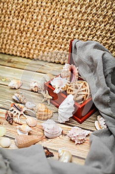 Close up Ancient casket for jewelry with collection of different seashells on wooden table