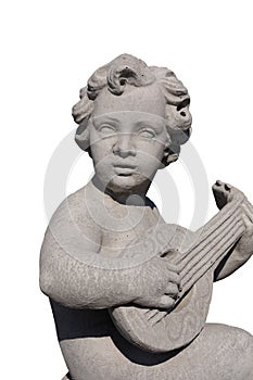 Close up of ancient stone sculpture of naked cherub playing lute on white background