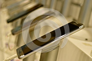 Close up of Android Phones on display in a mobile phone shop photo