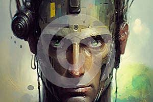 close-up of android's face, with its humanlike features and expressions highlighted
