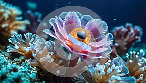 close-up of an anemone with a thousand delicately colored tentacles under the surface of the sea