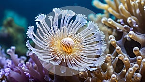 close-up of an anemone with a thousand delicately colored tentacles under the surface of the sea