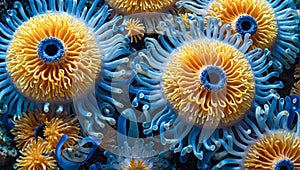 close-up of an anemone with a thousand delicately colored tentacles under the surface of the sea