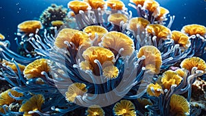 close-up of an anemone with a thousand delicately colored tentacles under the surface of the sea