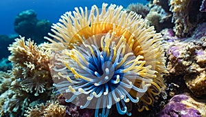 close-up of an anemone with a thousand delicately colored tentacles under the surface of the sea