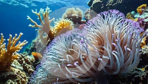 close-up of an anemone with a thousand delicately colored tentacles under the surface of the sea