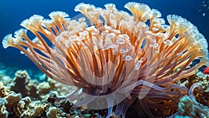 close-up of an anemone with a thousand delicately colored tentacles under the surface of the sea