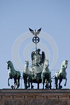 Close-up of the angel and chariot bronze statue on top of the Brandenburg Gate in Berlin