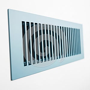 Light Blue Rectangular Air Vent Grille with Vertical Slats on a White Background HVAC ventilation