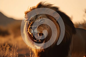 Close-up of an angry roaring lion ready to attack. Generative AI