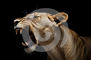 Close-up of an angry roaring lion ready to attack. Generative AI