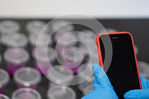 Close-up of anonymous woman using her phone in the laboratory