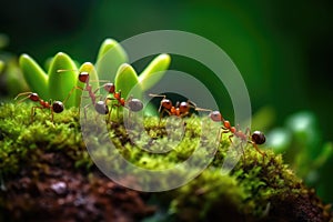 Close-up of an ant carrying prey. Generative AI