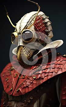 A close up of a anthropomorphic insect wearing a red and gold costume, AI