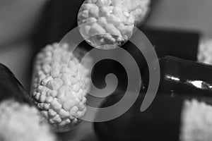 Close up of antibiotics capsules or painkillers isolated on white. Medicine concept, pills close up, copy space