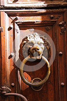 Close up of antique metal iron door knocker in shape of lion head with ring on old wood entrance with notches
