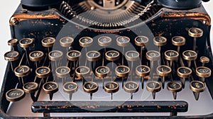 Close-up of an antique typewriter\'s round, , worn and tarnished, displaying the classic QWERTY layout on a black body photo