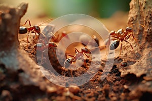 close-up of ants tunneling through soil in colony