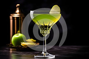 Close up of apple martini cocktail with apple slice garnish on dark background. Appletini cocktail with apples slices, vodka,