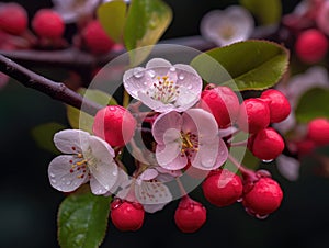 Close-up of an apple tree with red apples hanging from branches. There are several apples on branch, and they appear to