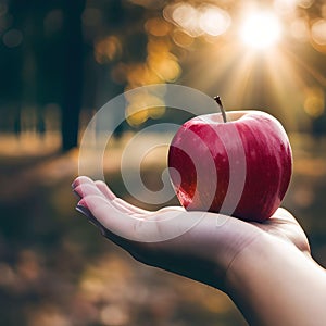 Close-up of an Apple on a Woman\'s Hand With Sunlight Shining Through Forest Trees in the Background