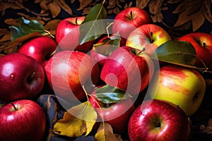 close-up of apples with colorful autumn leaves as backdrop