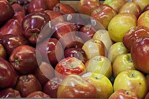 Close-up of apples on display in market