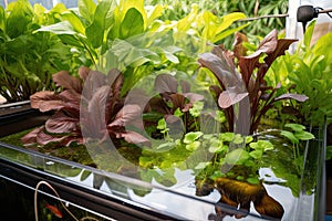 close-up of aquaponics system, showing fish and plant life