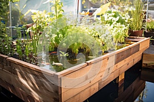 close-up of aquaponics system, showing fish swimming and plants growing