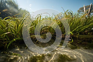 close-up of aquatic plants and seagrasses, with view of water surface in the background