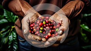 Close-up arabica coffee berries with agriculturist hands