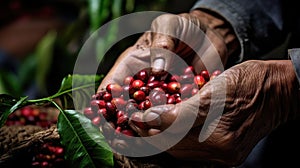 Close-up arabica coffee berries with agriculturist hands