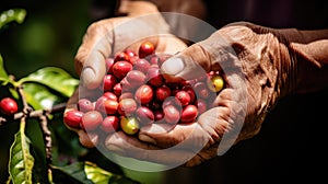 Close-up arabica coffee berries with agriculturist hands