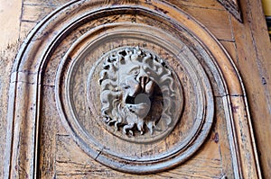 Close-up architecture details. the element of the front door with a lion`s head.