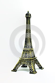 Close up architecture part of Eiffel tower model isolated on white background.