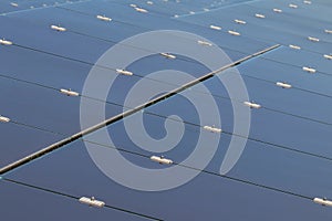 Close up array of thin film solar cells or amorphous silicon solar cells or photovoltaics in solar power plant