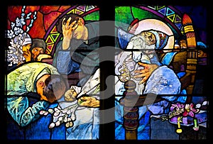 Close-up of the Art Nouveau stained glass window by Alfons Mucha, St. Vitus Cathedral, Prague photo