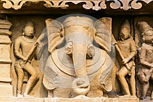 Close up of artful carved walls of Kandariya Mahadeva Temple, Khajuraho Group of Monuments, India