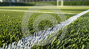 A close up of an artificial football or soccer field with white border lines at a stadium for sport games, Ai Generated