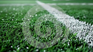A close up of an artificial football or soccer field with white border lines at a stadium for sport games, Ai Generated