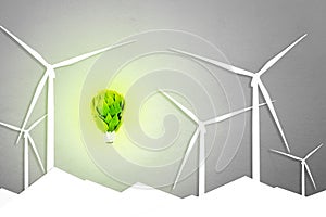 An artificial light bulb floating in the middle of a wind turbine.