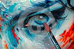 Close up of Artistic Eye Makeup with Colorful Brush Strokes and Paintbrush in Frame on Model\'s Face