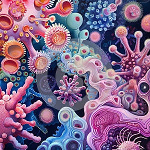 Close-up artistic images and illustrations of bacteria and viruses structure, microscopic world of microbes