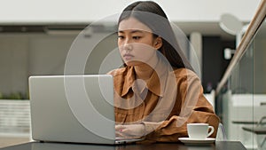 Close up Asian business girl businesswoman manager office worker japanese chinese woman student studying online working