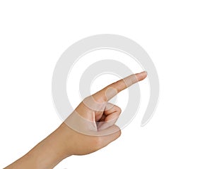 Close up Asian female 15-20 age hand pointing with index finger touching or pressing, sign arm and hand isolated on a white