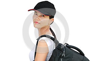 Close up asian girl with bag going on a journey on white background