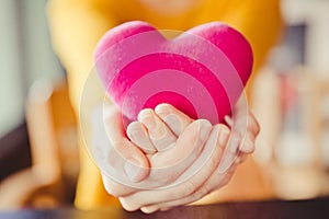 Close up of asian hands holding a violet heart.