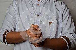 Close up Asian man shows hand gestures it means human emotion and expression isolated on white background