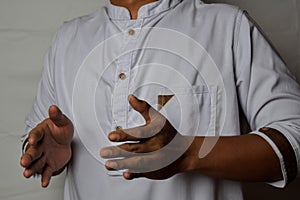 Close up Asian man shows hand gestures it means human emotion and expression isolated on white background