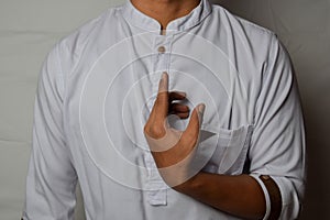 Close up Asian man shows hand gestures it means human emotion and expression isolated on white background